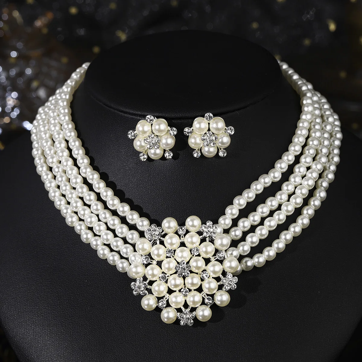 3pc New Multi-layer Pearl Necklace Earrings Exaggerated Temperament Jewelry Set Luxury Bridal Wedding Accessories As Gifts、 image 2