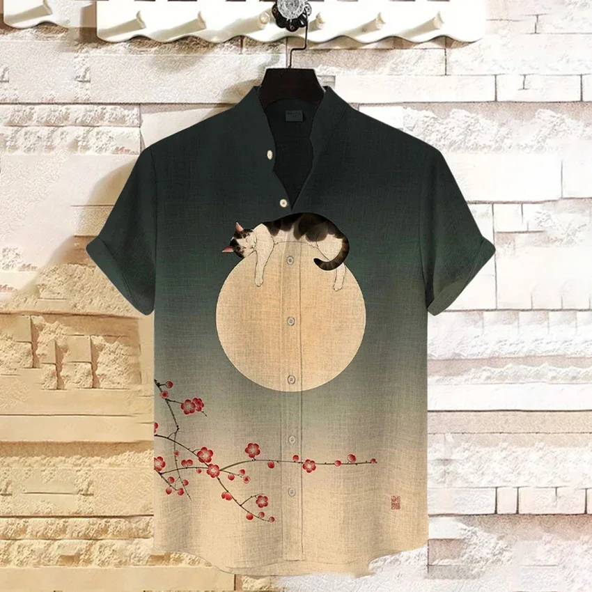 3D printed men's cat print, casual street shirt, lightweight and comfortable bamboo and linen standing collar