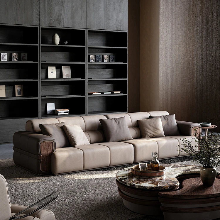 &Italian Pea Leather Sofa Living Room Modern and Noble Straight Row Light Luxury Top Layer Cowhide Sofa