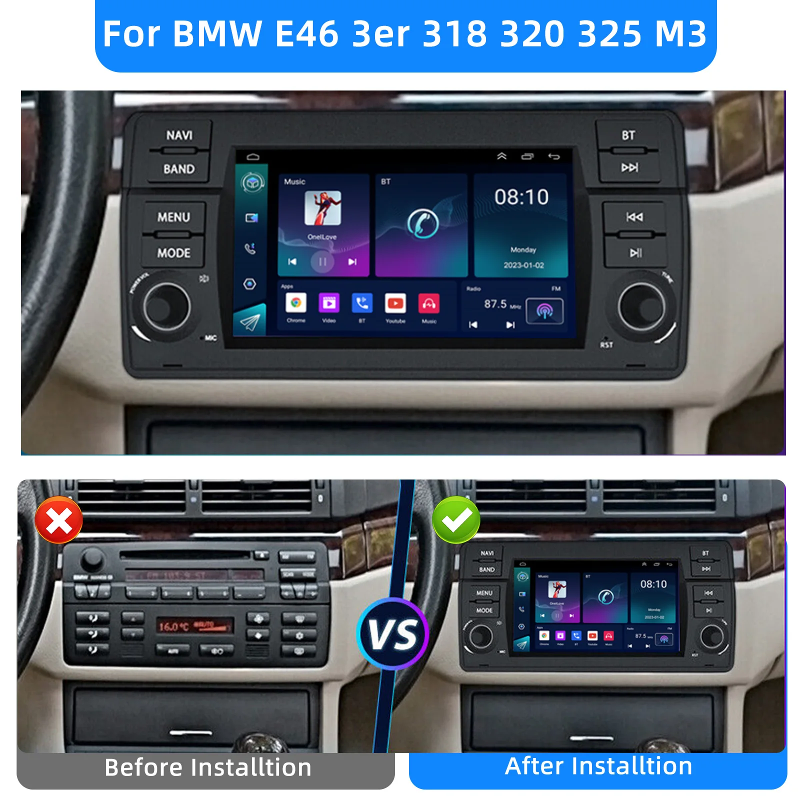 ESSGOO Drahtloses Apple Carplay Android Auto Autoradio für BMW E46 M3 318/320/325/330/335 Rover 75 Coupe Android 15 64 GB 2Din GPS – Detail 3