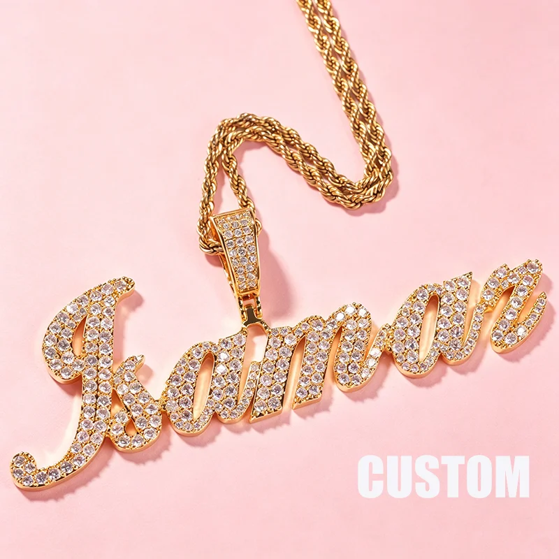 

Custom Script Letter Name Necklace Iced Out Pendant Cubic Zircon Nameplate Charm HipHop Jewelry