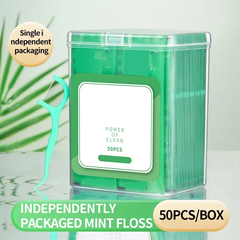 50pcs Mint Flavored Dental Floss Plastic Toothpicks-Single Independent Packaging-Disposable Dental Cleaning Tools-Oral Car image 3
