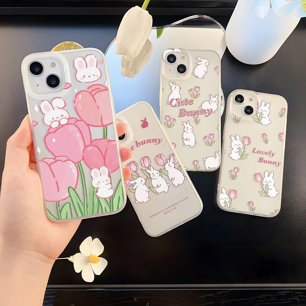 Cute Rubbit Matte Phone Case For iPhone 16 Pro Case iPhone 15 14 Pro Max 16 11 12 13 Mini Fundas Shockproof Soft Silicone Cover