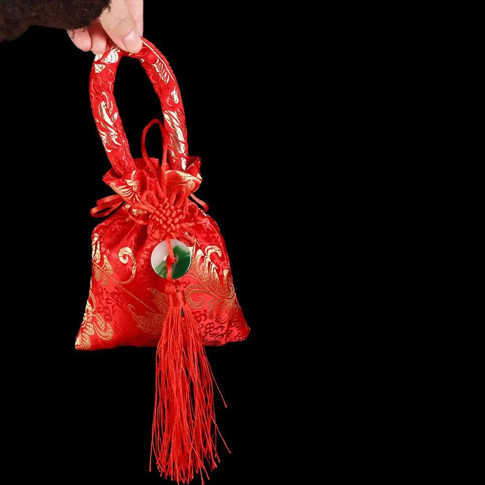 Tas Serut Bunga Kanvas Gaya Cina Tas Pergelangan Tangan Tas Tangan Rumbai Simpul Cina Gaya Korea Tas Penyimpanan Tas Kemasan Perhiasan