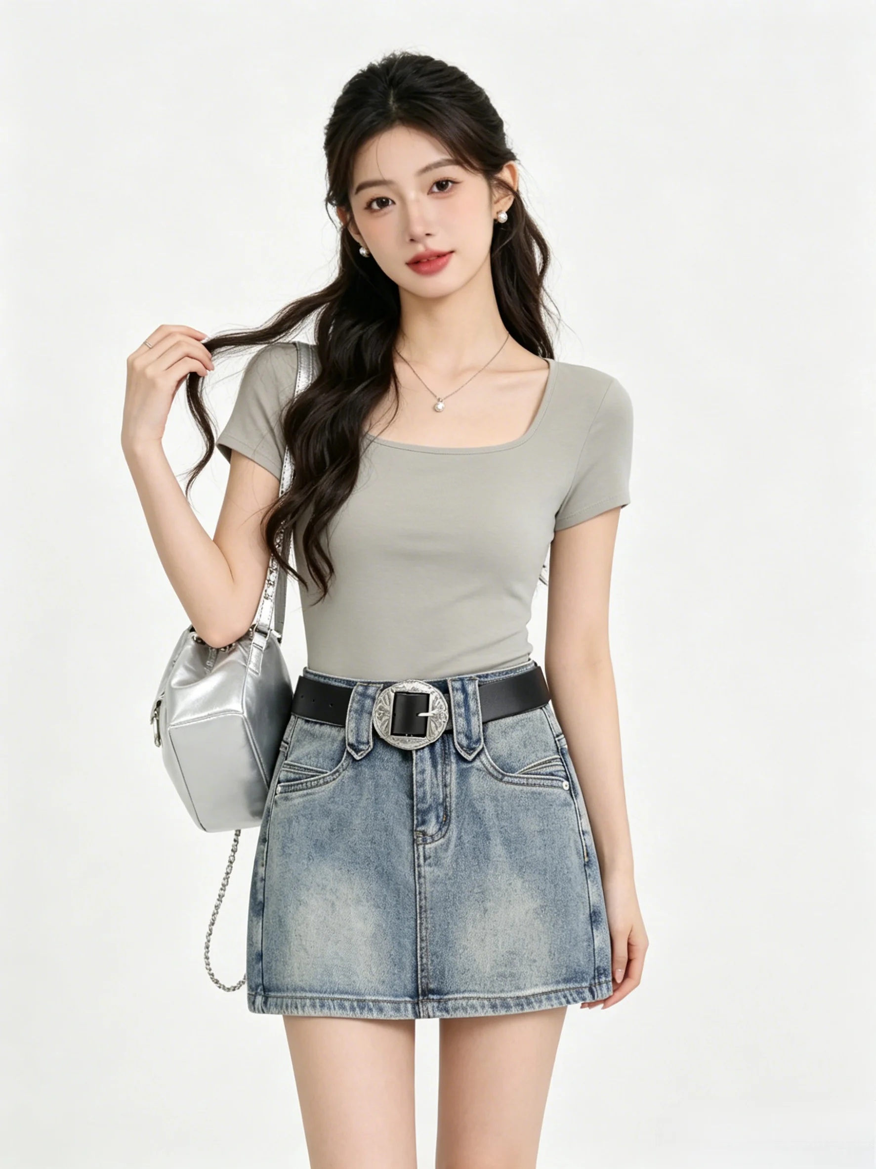 

Washed Light Blue High Waist A-Line Denim Shorts Korean Style Summer Slimming Casual High Quality Ladies Jeans Skirt