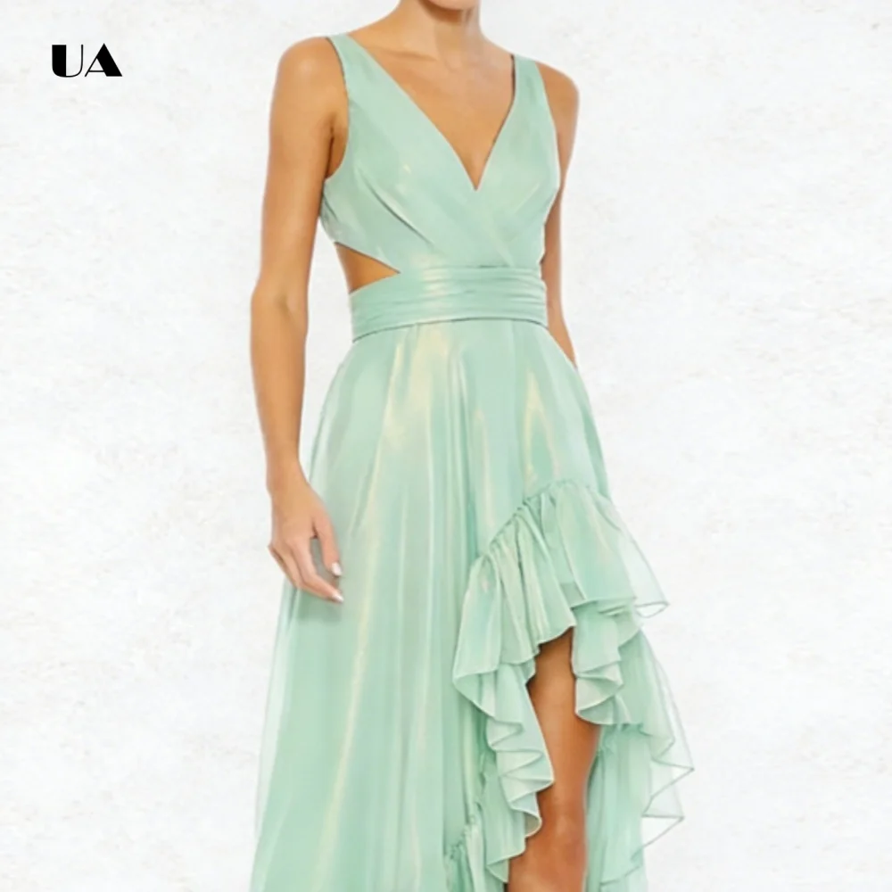 ULBYANRY Asymmetrical Prom Dress with Deep V-neck Sleeveless Cut Out Evening Dress with Ruffled Hem Draped Customized Party Gown
