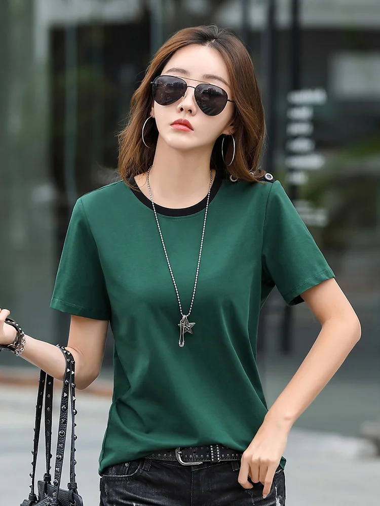 New Women Loose Short Sleeve T-shirt Summer Fashion Classic O-Neck Patchwork Cotton Tees Tops Casual Simplicity Orange T-shirt