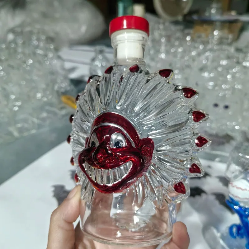 Radiant Flake Embossed Glass Spirit Bottle with Airtight Red Lid Clear Vessel for Whiskey Wine Brandy Bourbon - Desktop Decor