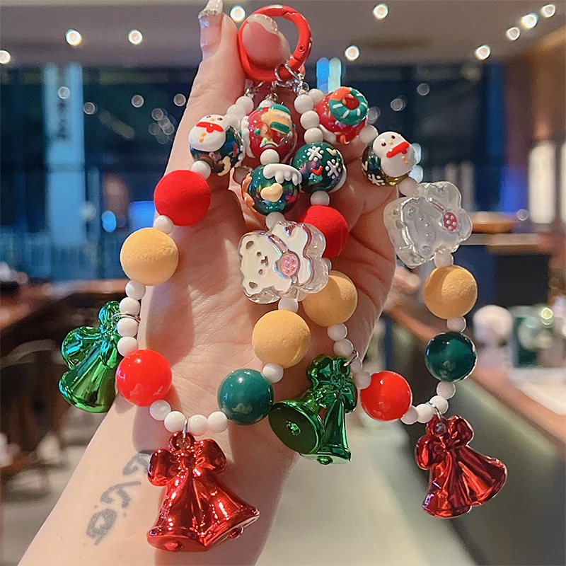 Multi Colored Bead Christmas Element Bell Five-pointed Star Keychain Bag Pendant Ins Fashion Mobile Phone Lanyard Universal