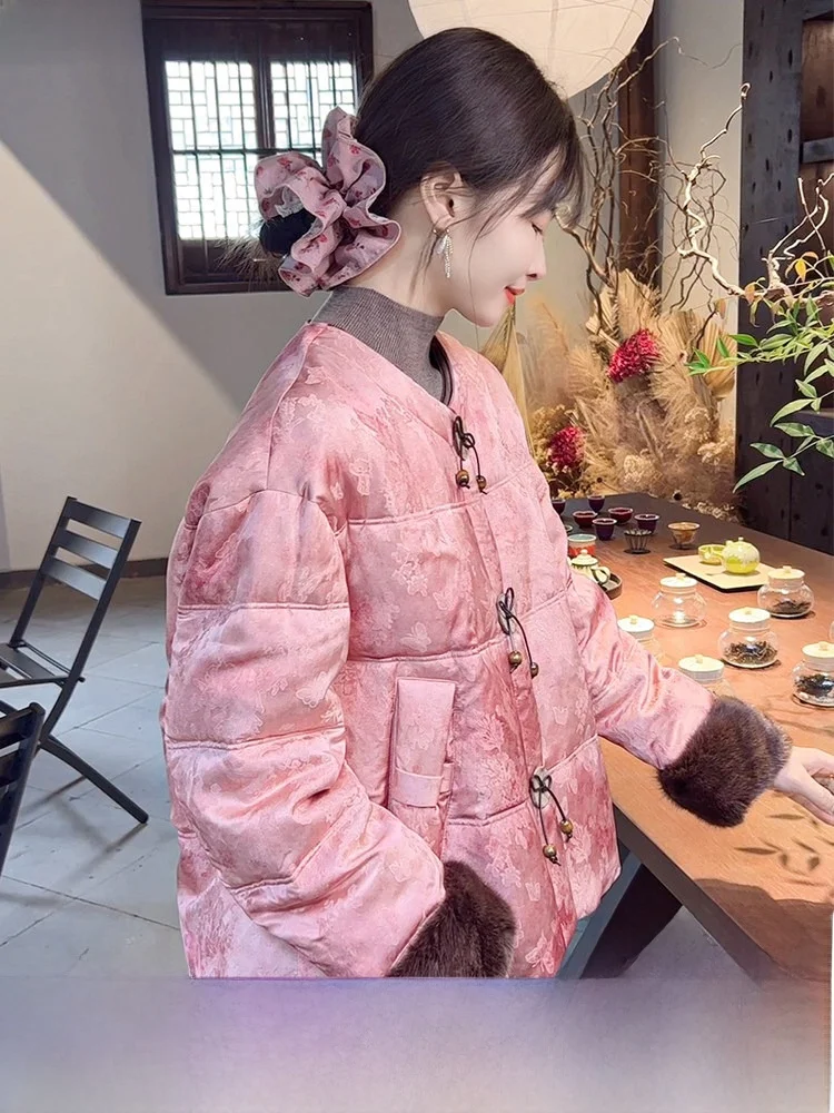 

Premium Pink New Chinese Sle down Jaet Women's Winter Embroidery National Sle Outerwear White Goose down