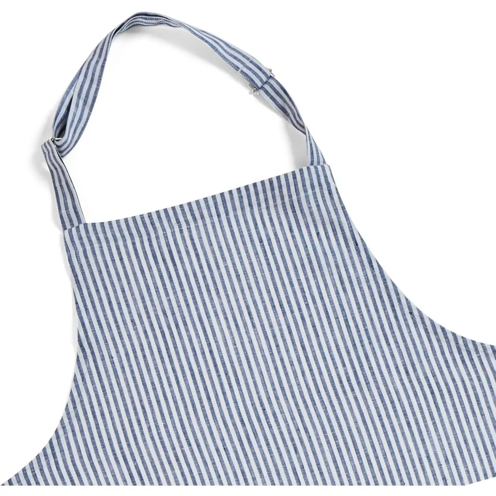 Avental 100% de linho puro – Babador midi completo unissex com listras marinhas e brancas, alça de pescoço ajustável com centro, ideal para cozinhar e assar