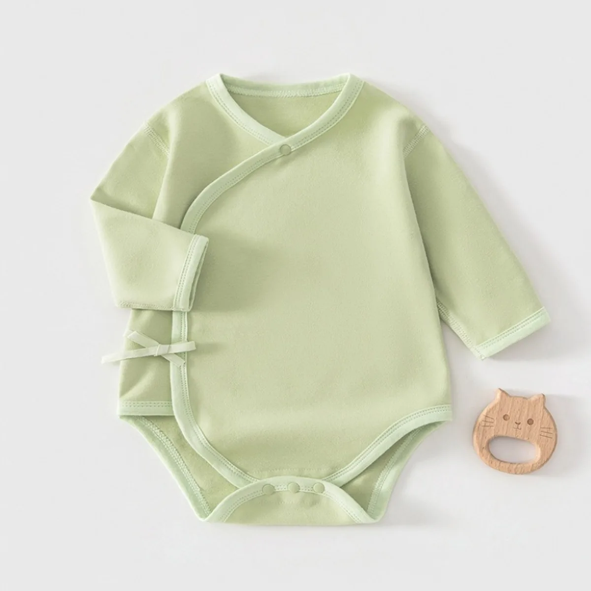 Soft Skin-Friendly Cotton Baby Romper Bound Neckline Side Tie Long Sleeve Onesie Infant Boys Girls Bodysuit Spring Autumn 0-9M