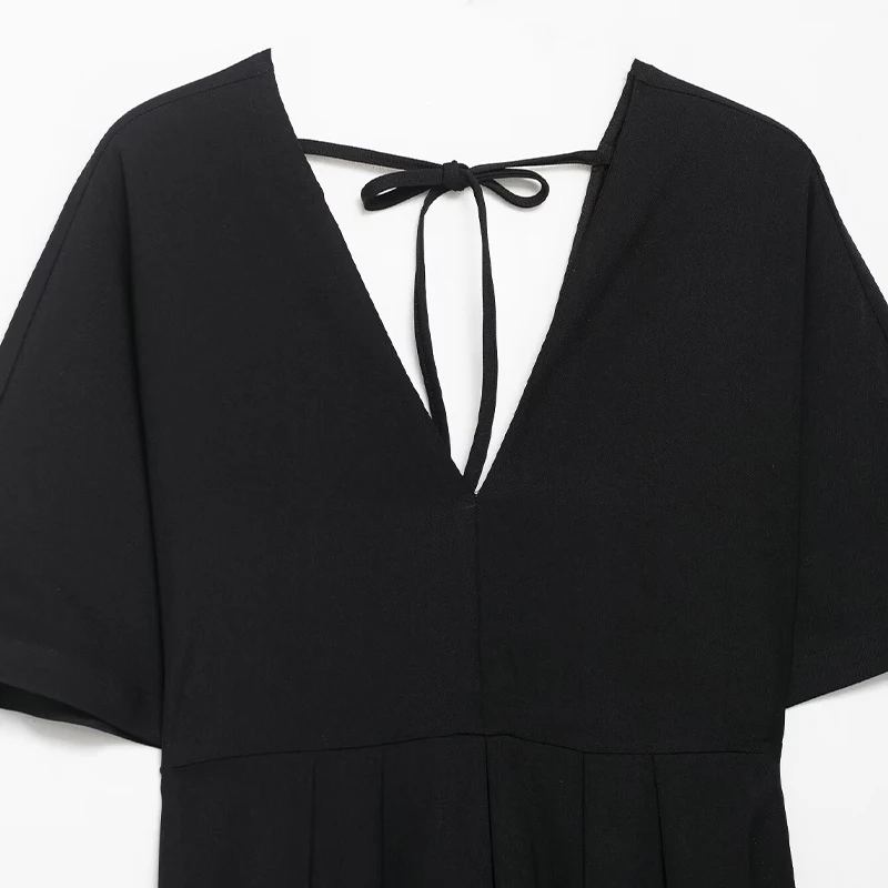 فستان Willshela للسيدات ذو ثنيات سوداء وأربطة متوسطة الطول عتيق ورقبة على شكل حرف V وأكمام قصيرة فساتين نسائية أنيقة #3