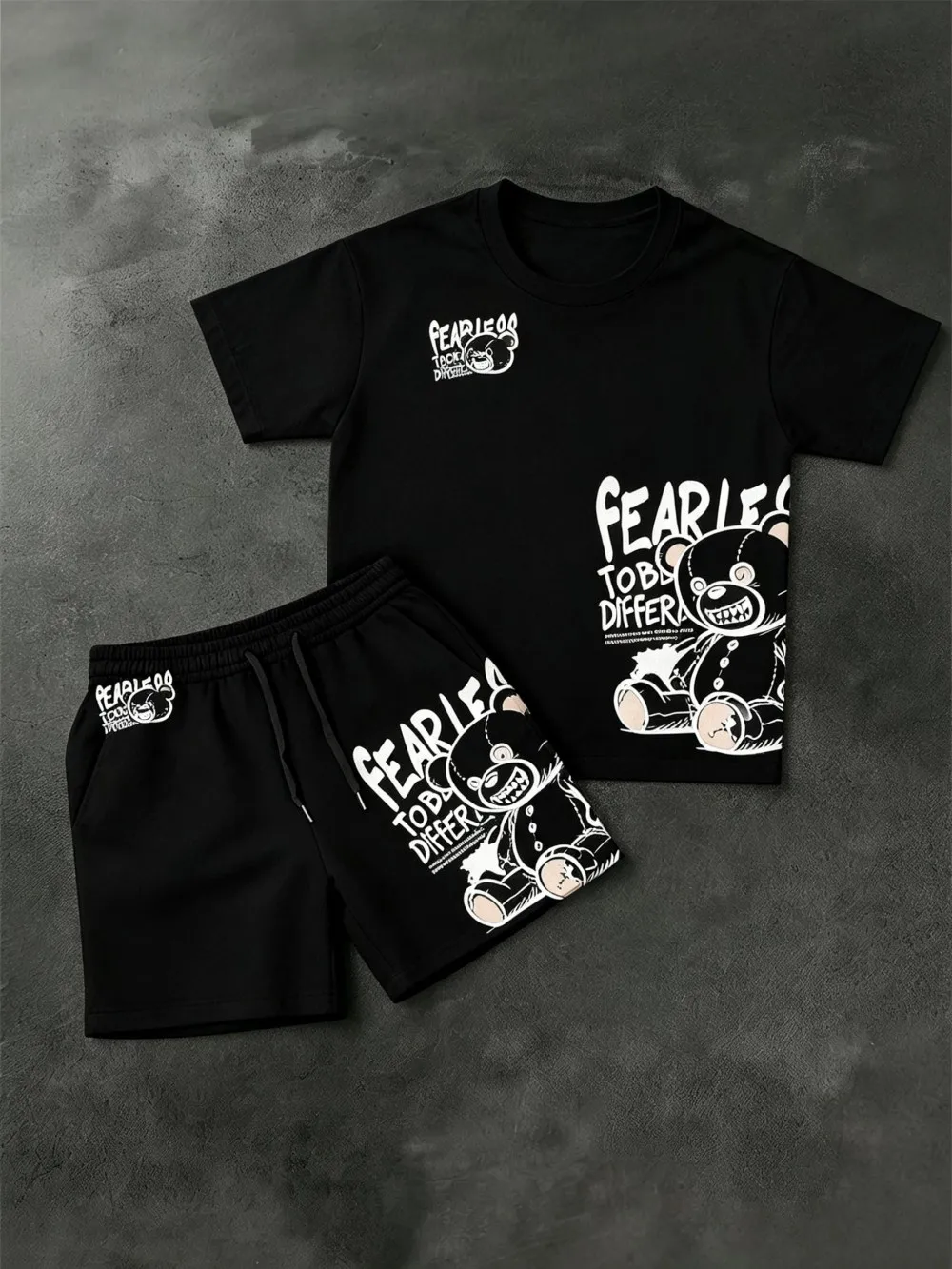 

Men's Summer Fashion Teddy Bear Letter Printed Soft Breathable Round Neck T-shirt Drawstring Shorts Set Outdoor Street Wear