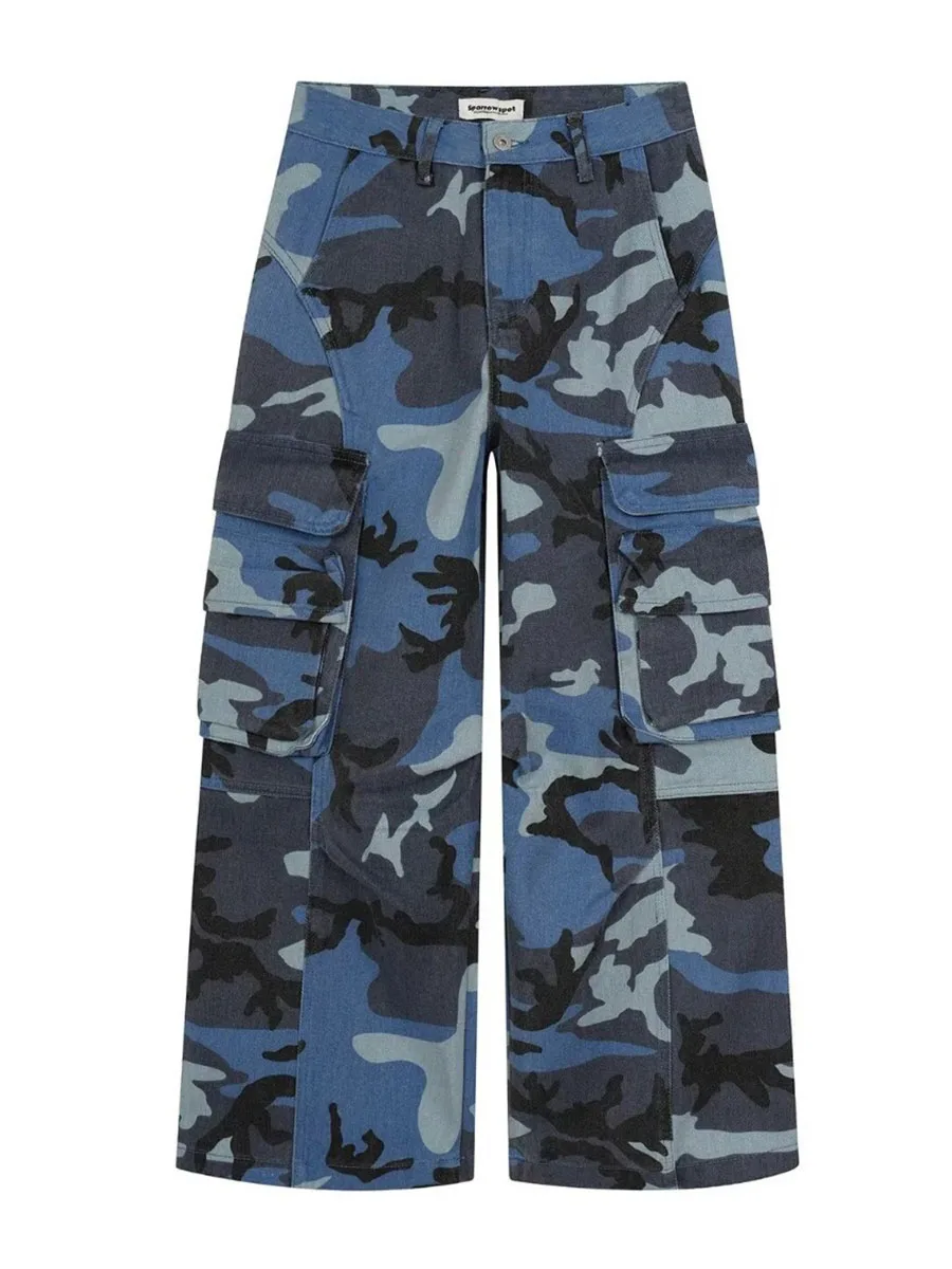 Autumn Blue Camouflage Work Pants American Casual Fashion Retro Street Style Men Large Pocket Design Loose Wide Leg Trousers