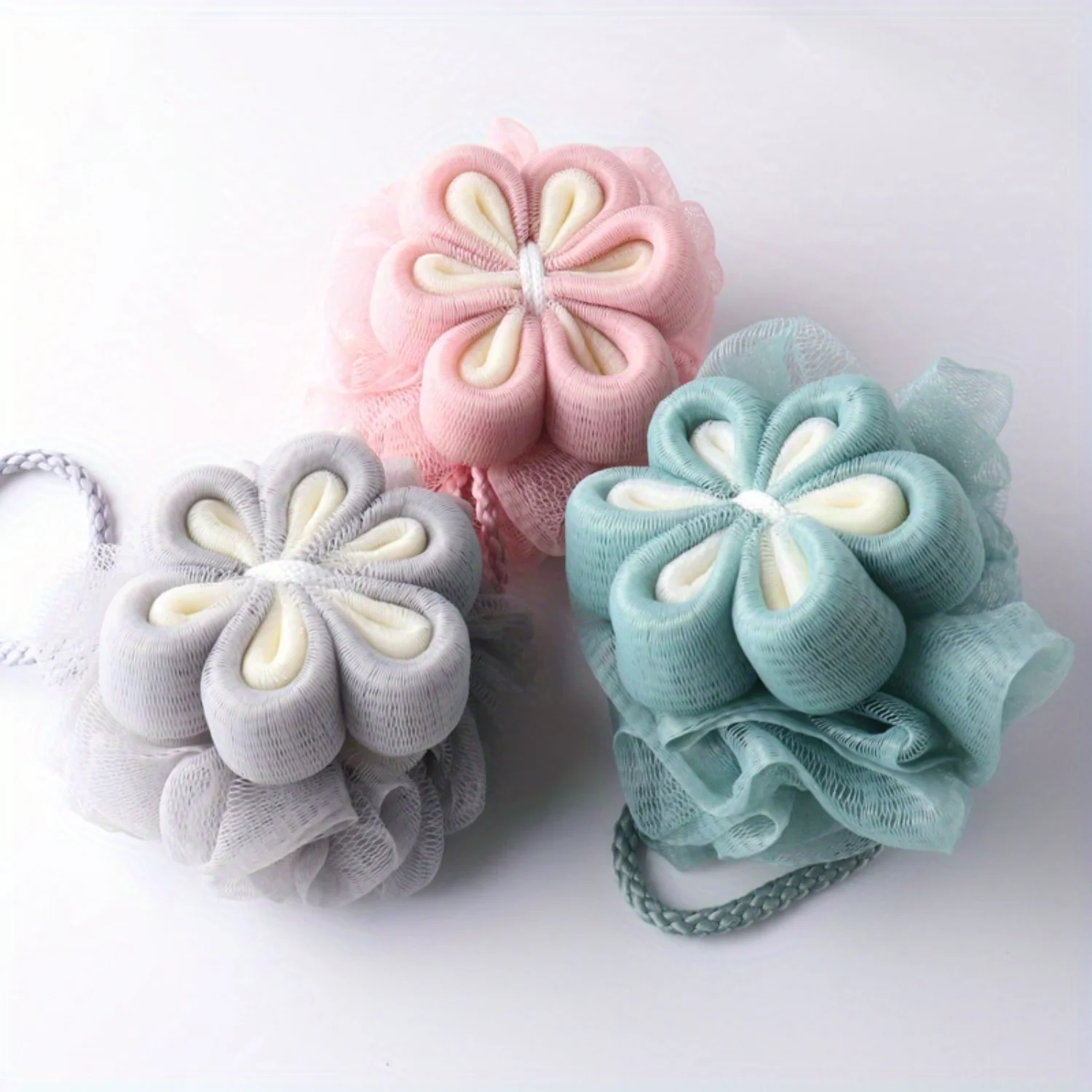 Soft Floral Loofah Bath Sponge Set, Durable Mesh Shower Puff for Gentle Exfoliation and Rich Lather, Universal Bathing Accessori