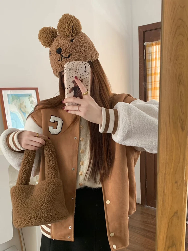 

American Sle Retro Baseball Jaet Women's Winter Fce Lined New Small Size Premium Feel Lamb Fur Vest Warm Cotton Inner