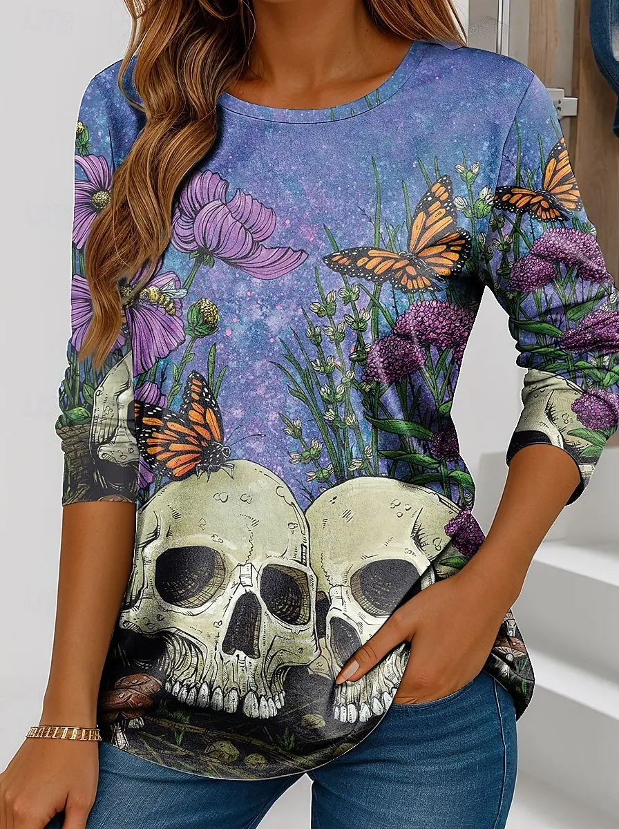 

Женские повседневные топы с длинными рукавами и цветочным графическим черепом, винтажные футболки, блузка с круглым вырезом, осень-зима, уличная одежда, стильный пуловер y2k