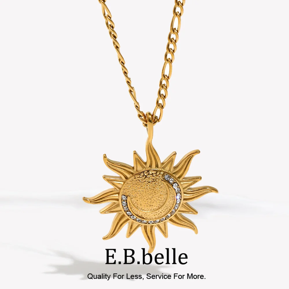E.B.belle Charm-Halskette mit Sonnenanhänger aus Edelstahl mit Mondmuster, Zirkonstein, süßer Stil, anlaufgeschützter vergoldeter Schmuck