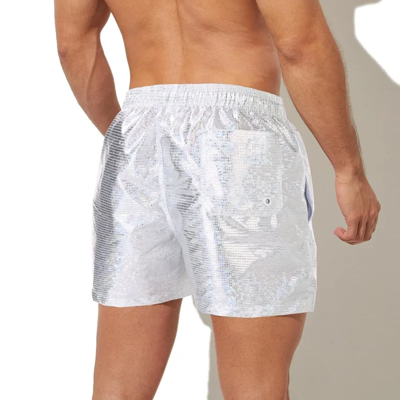 Homens brilhantes shorts casuais com cordão solto board shorts esportes treino ginásio sweatpants pantalones streetwear bolso calças troncos