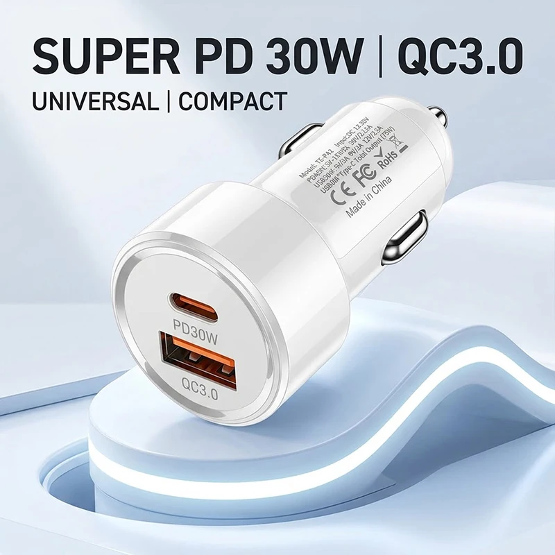Mini 48W Dual Port Car Charger Type C PD 30W USB A QC 3.0 Fast Charging Adapter Smart Chip Protection For Mobile For iPhone 17