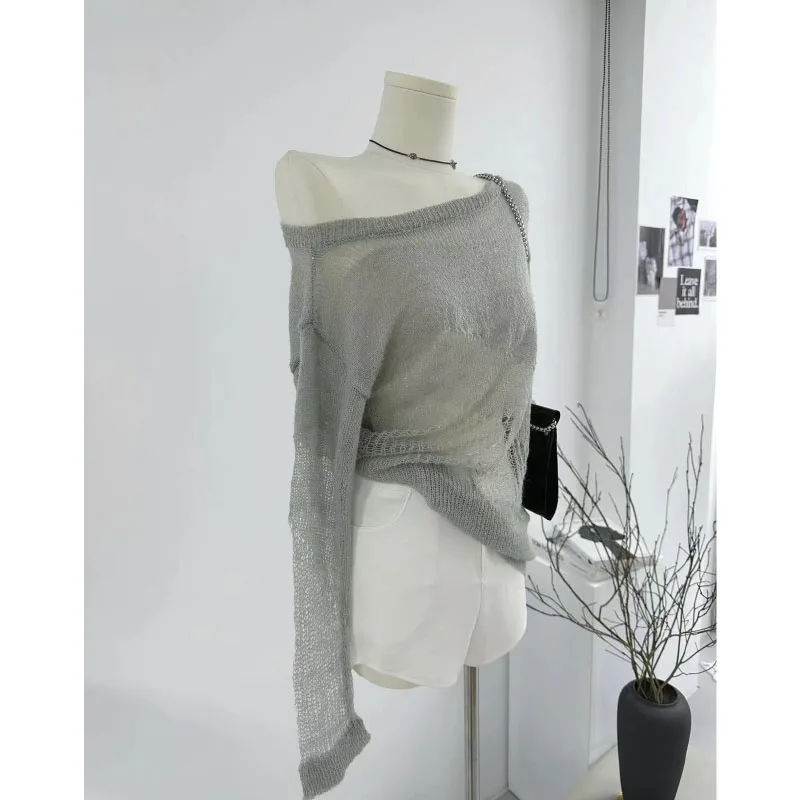 Long-sleeved Off-the-shoulder Street Knit Sweater Women Korean Fashion Chic Autumn And Winter Asymmetrical Collar Sweater