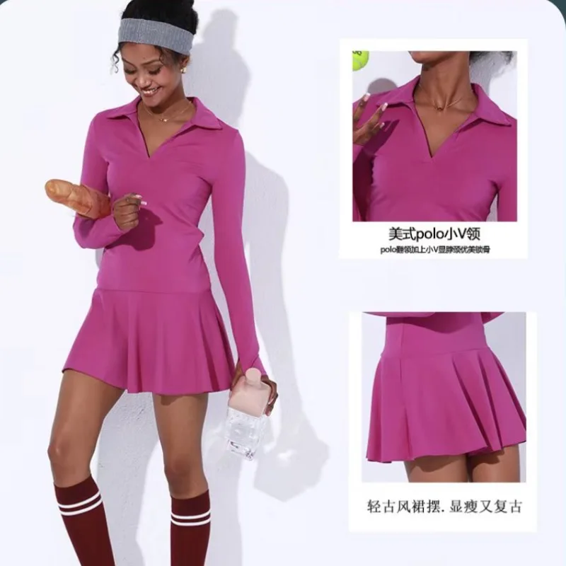 

Autumn Sport Dresses Women with Shorts V-neck Active Dress Badminton Golf Wear 2024 New Training Suit Casual Clothes Black Pink