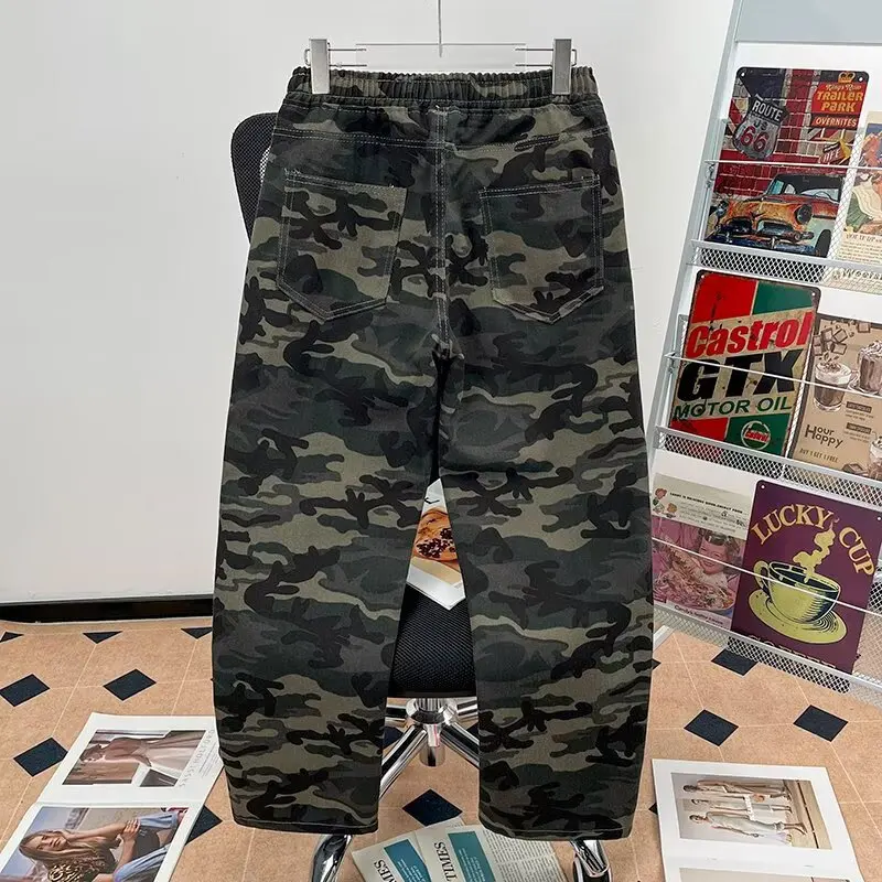 Autumn Winter Men Camouflage Jeans American Retro Elastic Waist Denim Pants Casual Fashion Print Thicken Straight Leg Trousers
