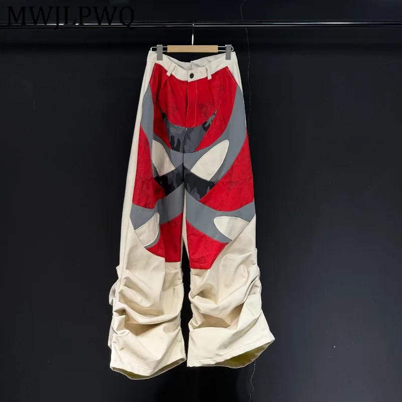 

MWJLPWQ American Retro Color-Block Printed Wide-Leg Loose Pants Men's Deconstructed Street Spliced Pleated Leg Trousers 13099