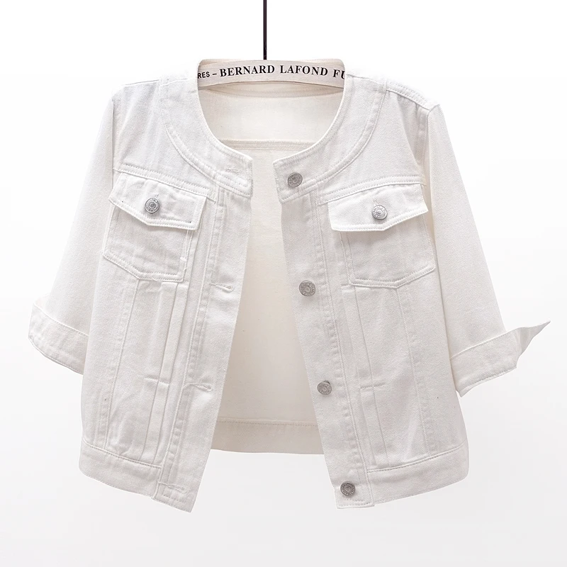 

White Denim Jacket Women Summer Thin Slim Short Cowboy Outerwear O Neck Big Pocket Three Quarter Sleeve Jeans Jacket Coat Female