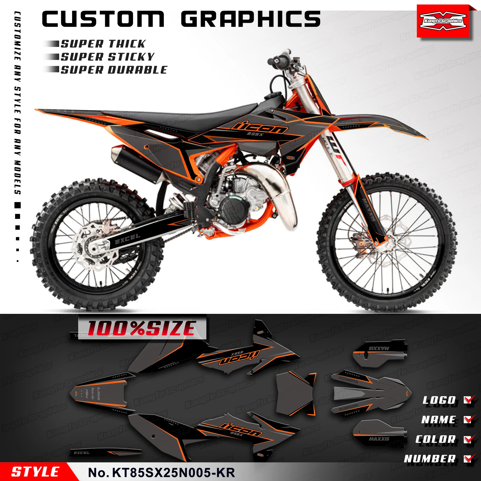

KUNGFU GRAPHICS Racing Sticker Adhesive Decals for KTM SX 85 SX 2025 2026, Protector, KT85SX25N005-KR