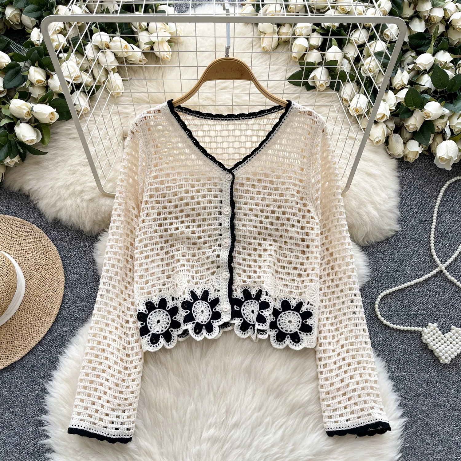 

Floral Crochet Top Long Sleeve Sheer Open Knit Button Up Crop Blouse Women Teengirl Spring Summer Fairycore Boho Vacation Outfit