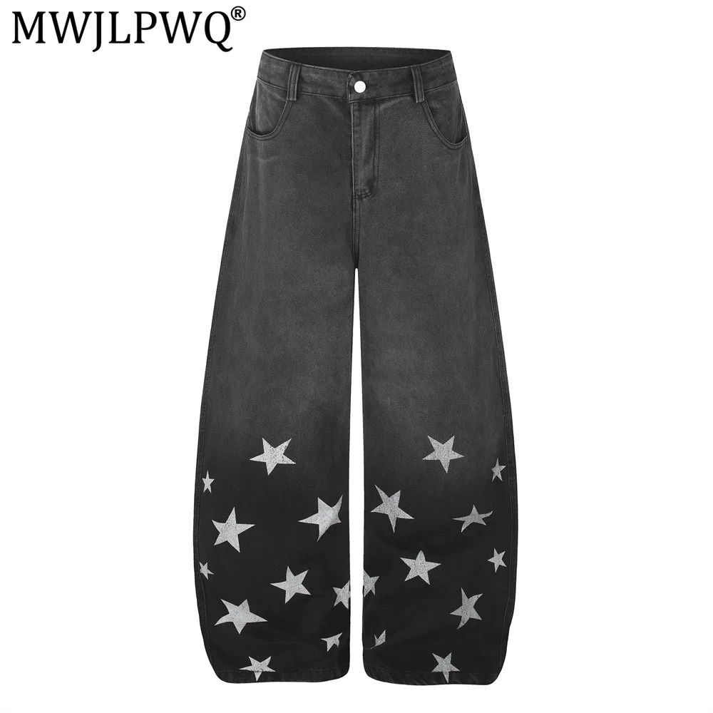 MWJLPWQ Tie-Dye Gradient Curved Hem Jeans For Men Trendy Loose Fit Star Print Distressed Wide-Leg Pants 2026 Autumn Chic 20853