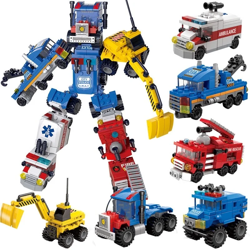 

6 in 1 Car Robot City Car Technical Ambulance Vehicles Fire Police Trucks Model Building Blocks Set Toys Kidsren Birthday Gifts