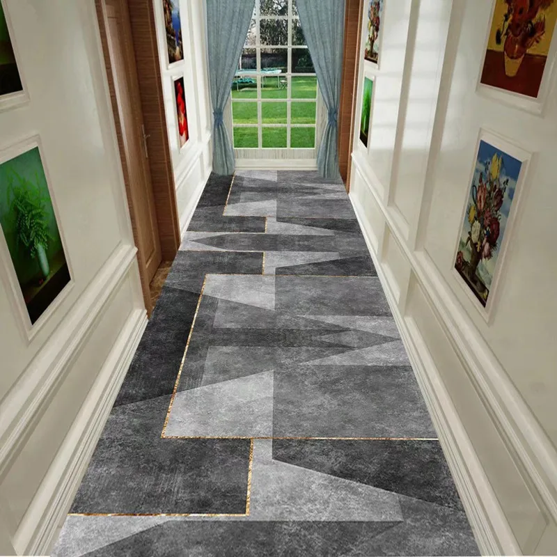 

Grey Geometric Living Room Area Rug Corridor Hallway Carpet Runners Decor Crystal Velvet Anti-slip Kitchen Bedroom Rug Door Mat