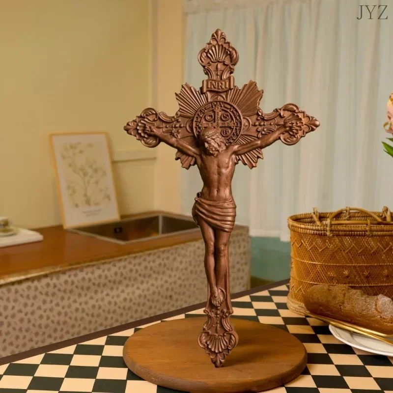 

Vintage Religious St. Benedict's Exorcism Cross Wood Carving Catholic Prayer Home Living Decor