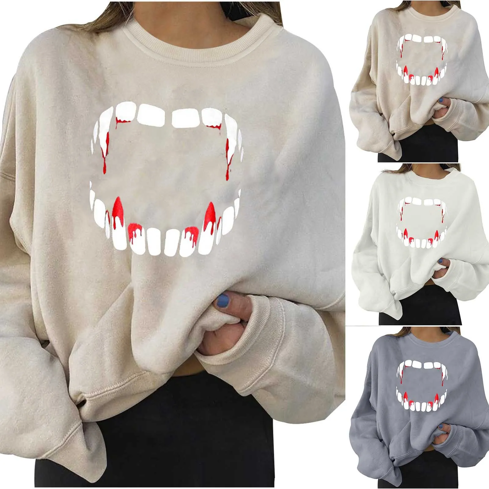 2024 New Women'S Halloween Hoodie Tooth Print Round Neck Long Sleeve Warm Pullover Fashion Trend Comfortable Loose Hoodie