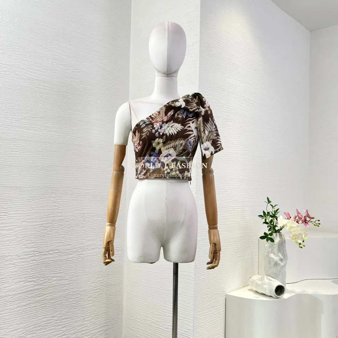 

Brown Sloping Shoulders Sleeveless Bow Floral Print Short Blouse and Midi Skirt Set 2025 New Design