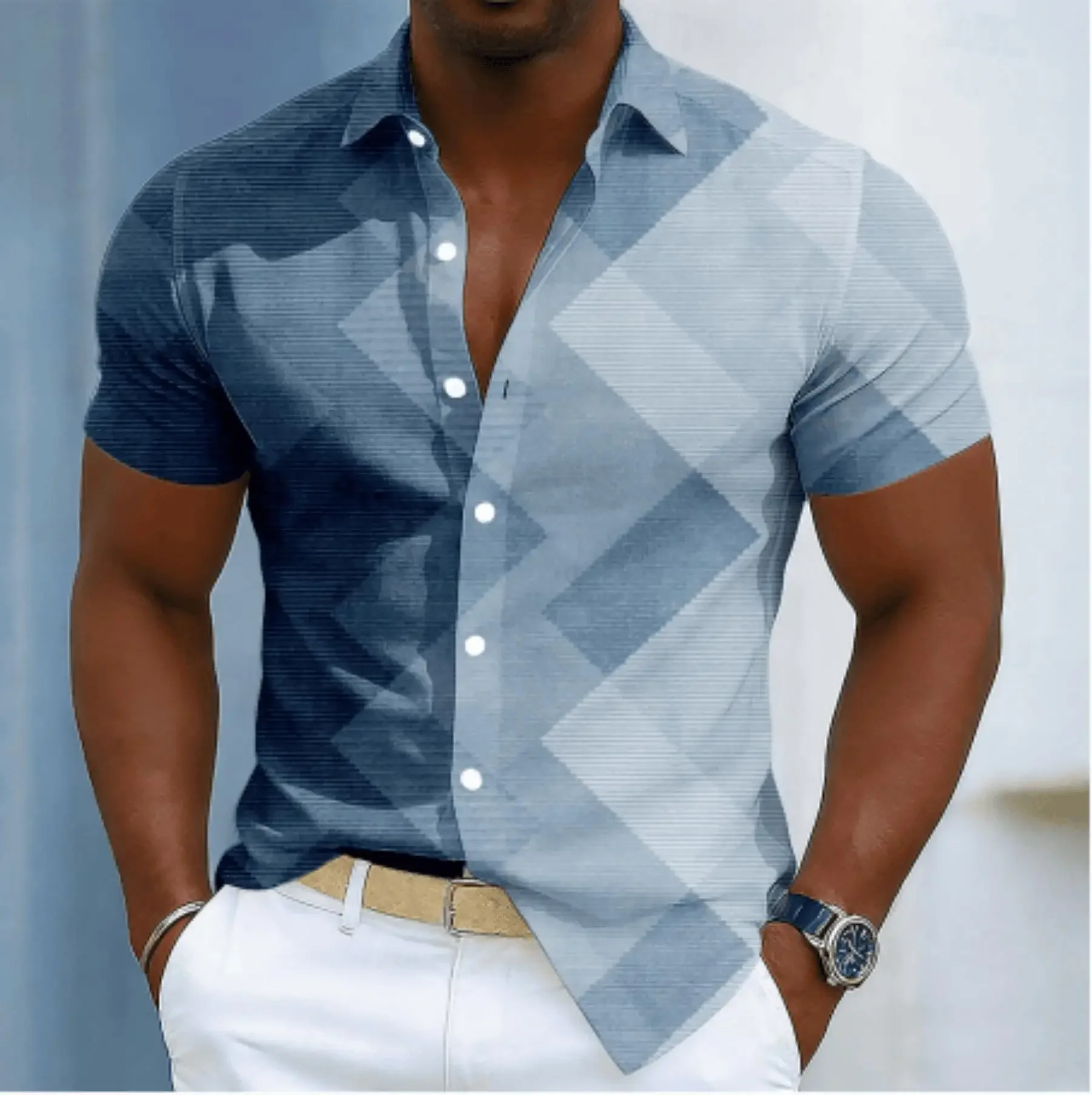 Men's Gradient Diamond Argyle Print Short Sleeve Shirt, Spring Summer Minimalist Casual Business Blouse, Loose Casual Top