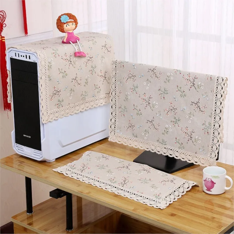 Computer Cover Cotton Linen Fabric LCD Computer Dust Cover Monitor Cover Towel Desktop Computer Cover Home Dustproof Cover ZG265
