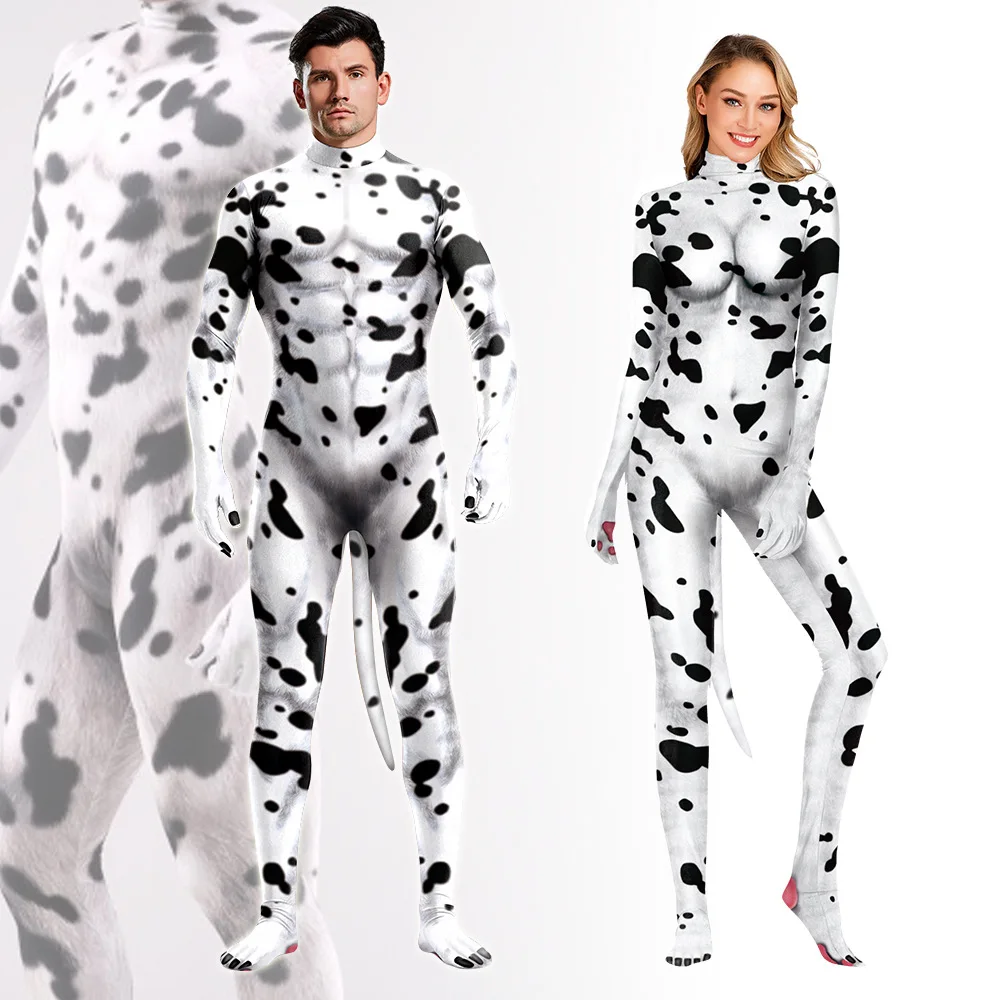 Colore Cosplayer Halloween Costume Cosplay Catsuit 3D Unisex mucca stampata tuta corpo a copertura totale con coda Sexy Zentai Body