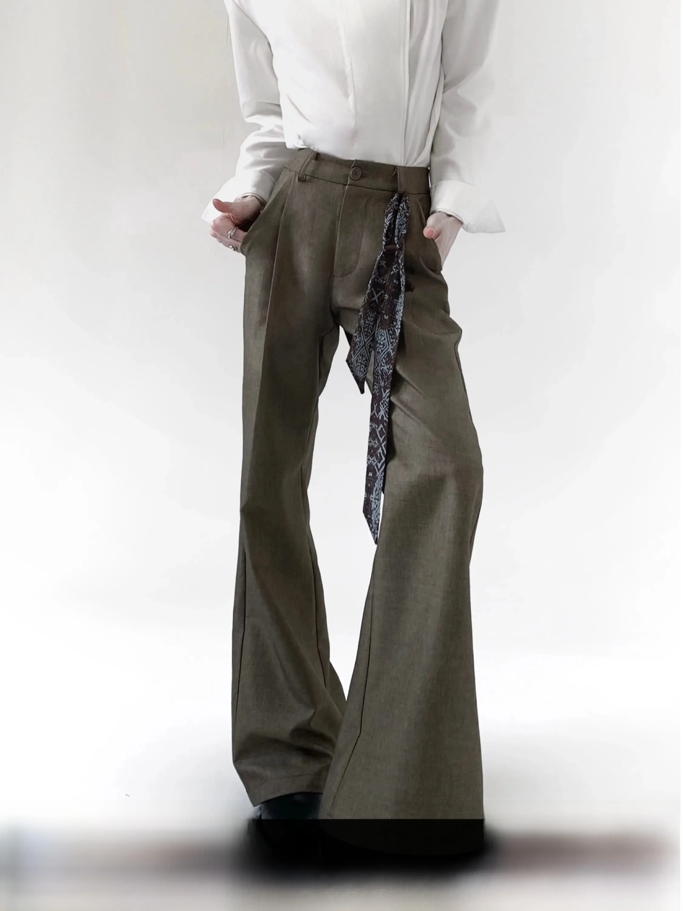 Elegant Olive Green Men's High Waist Pants Vintage Draped Trousers High Rise Flared Legs Casual Wear Hand Ironed Pleats