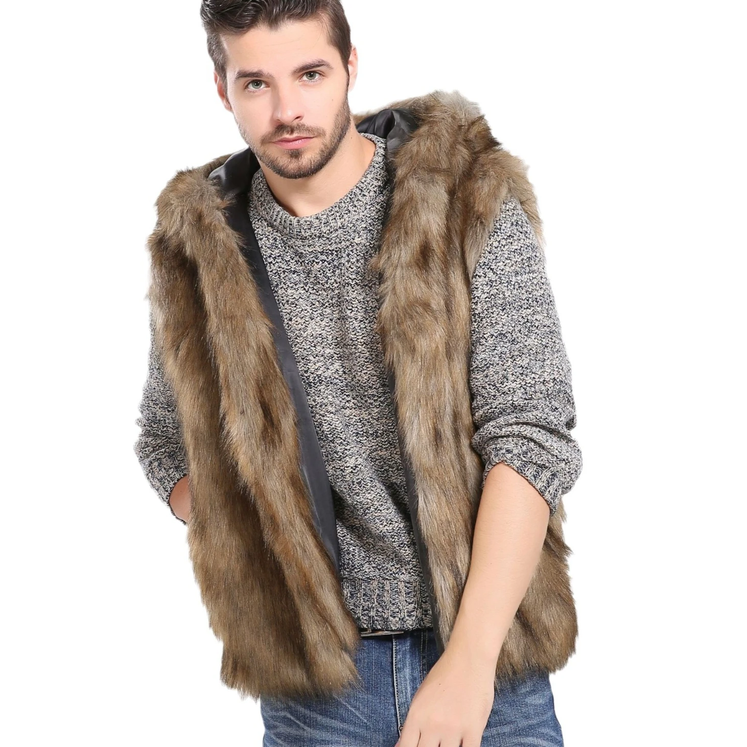 Faux Fur Men Vest Coats Hooded Sleeveless Short Coat Thick Y2k Streetwear Jackets Open Stitch Outerwear 2025 Autumn Winter