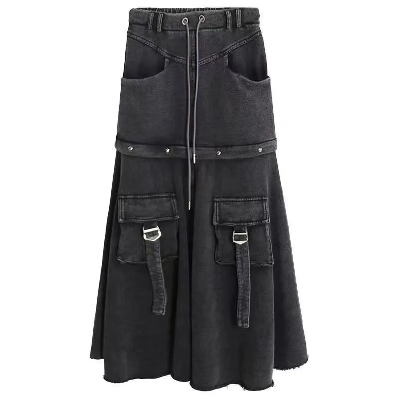 Pocket Patchwork Slim Waist Tunic Summer Solid Causal Drawstring Women Skirts All Match Chic Fashion Elegant Mujer Faldas Denim