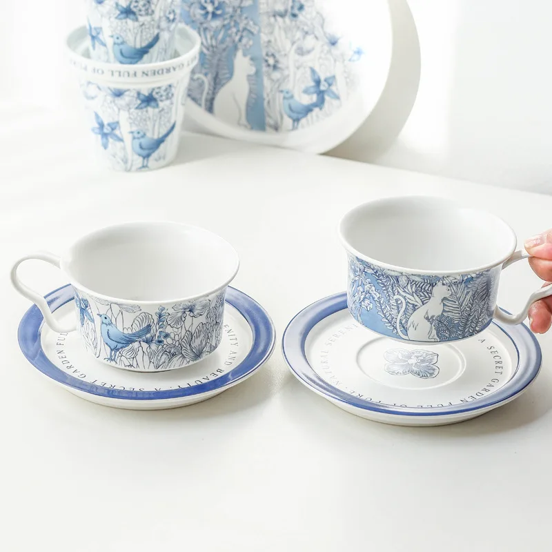 

Creative Hand Drawn Blue White Cat And Bird Ceramic Coffee Cup And Saucer 8in Plate Afternoon Tea Dessert Snack Dish