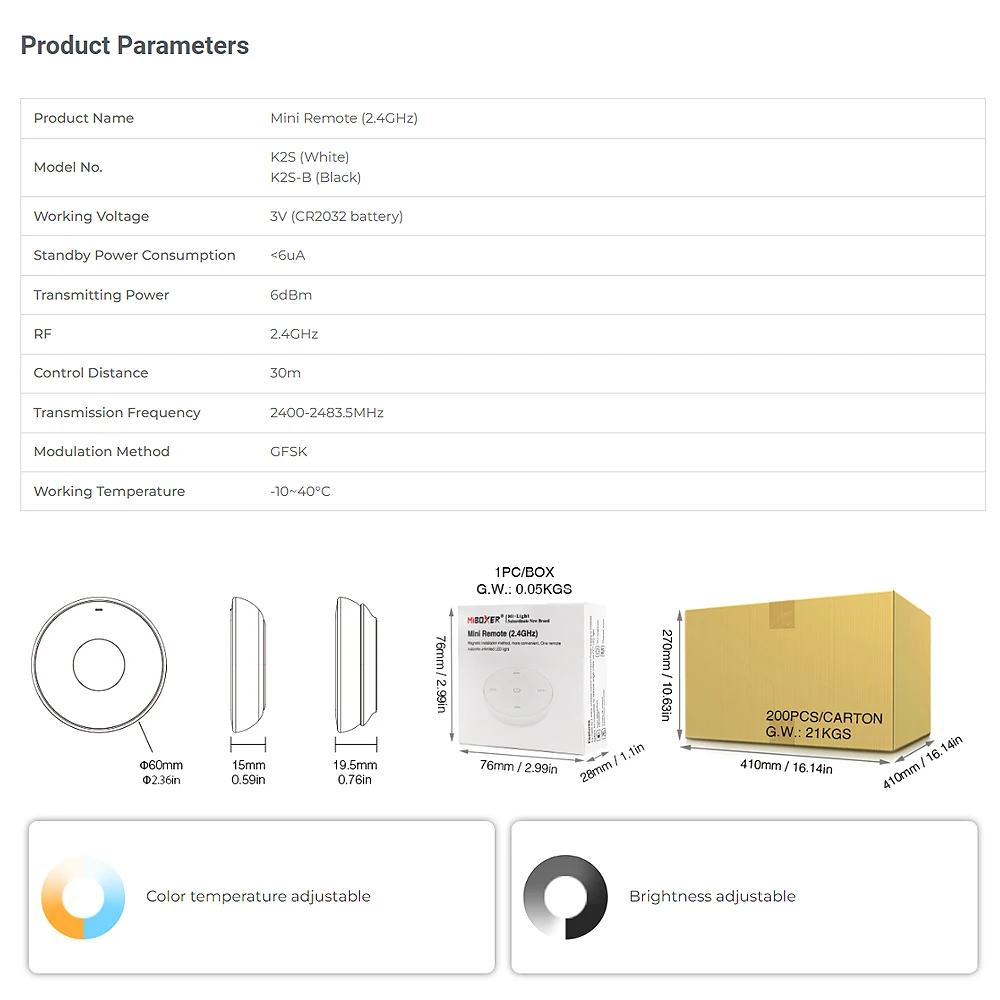 Miboxer K2S 2.4G Mini RF Panel Remote Compatible With Brightness Dimmable Color Temperature Adjustable Lamp Bulb Controller