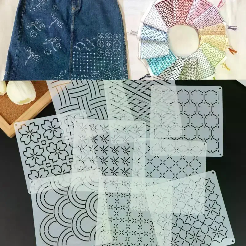 9/32Pcs Sashiko Embroidery Template DIY Geometric Patchwork Stencil Reusable PET Stencil Handmade Embroidery Handicraft Tools
