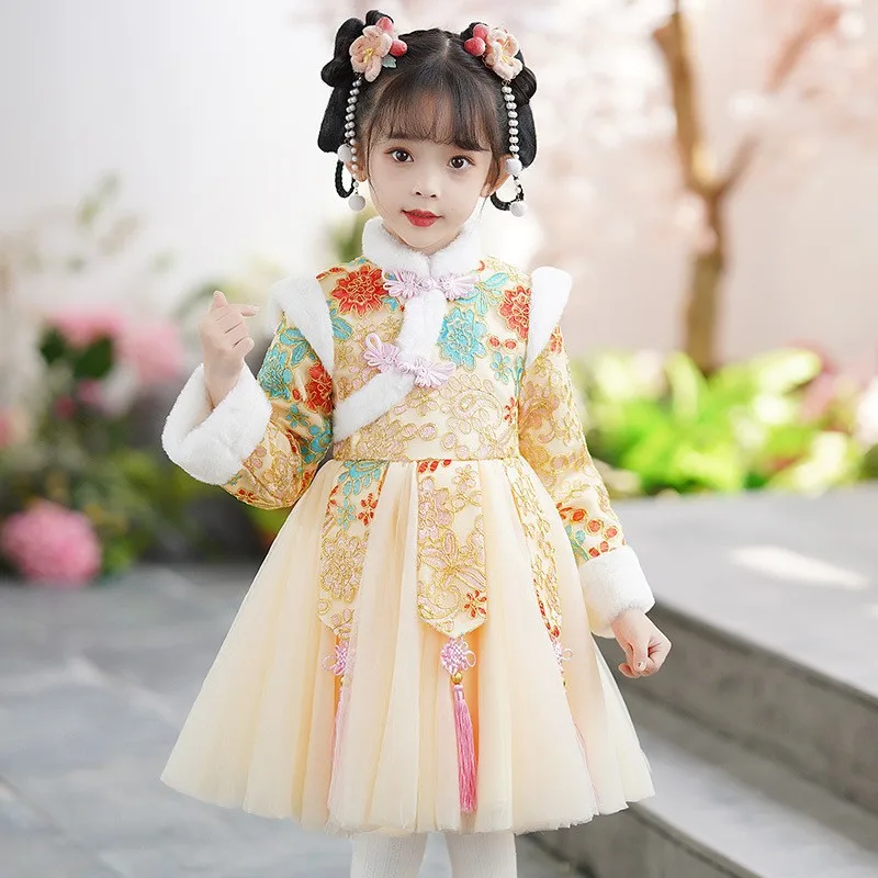 

Girls Princess Dress Retro Chinese Embroidery Hnafu Flower Girl Dress For Pageant Gown Christmas Birthday New Year Clothes