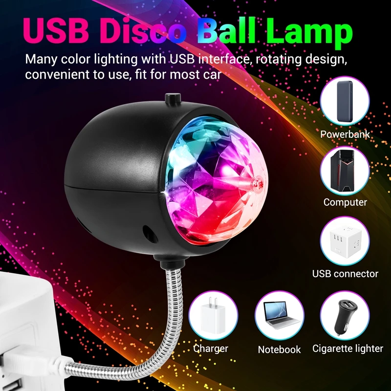 USB Disco Ball Lamp, Rotating RGB Colored LED Stage Lighting Party Bulb With 3W Book Light, USB Powered (Black)