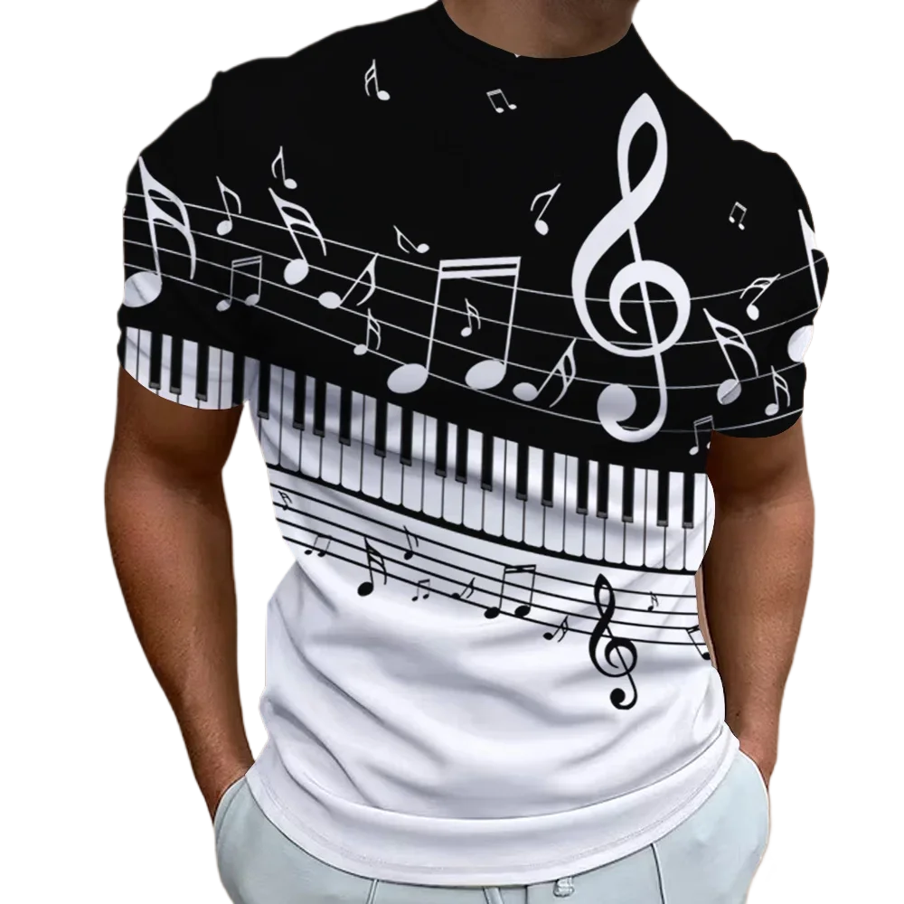 Retro Men\'S T-Shirt 3d Music Notes Printed Men Clothing Daily Casual Short Sleeve Street Designer Tees Loose Oversized Tops